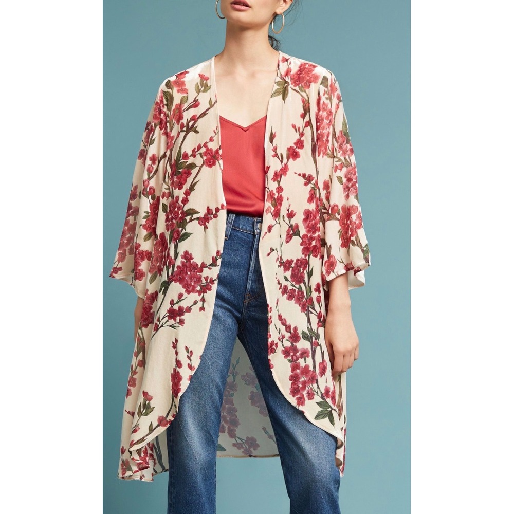 Floreat Anthropologie Velvet Burnout Cherry Blossom Kimono Duster One Size NWT